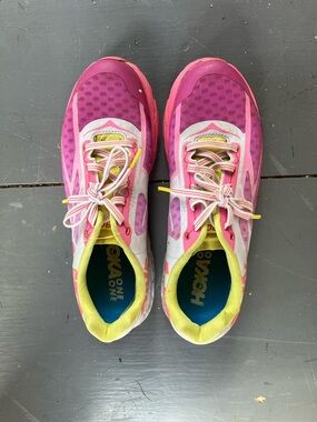 Hoka One One Women's Pink and Yellow Athletic Running Shoes